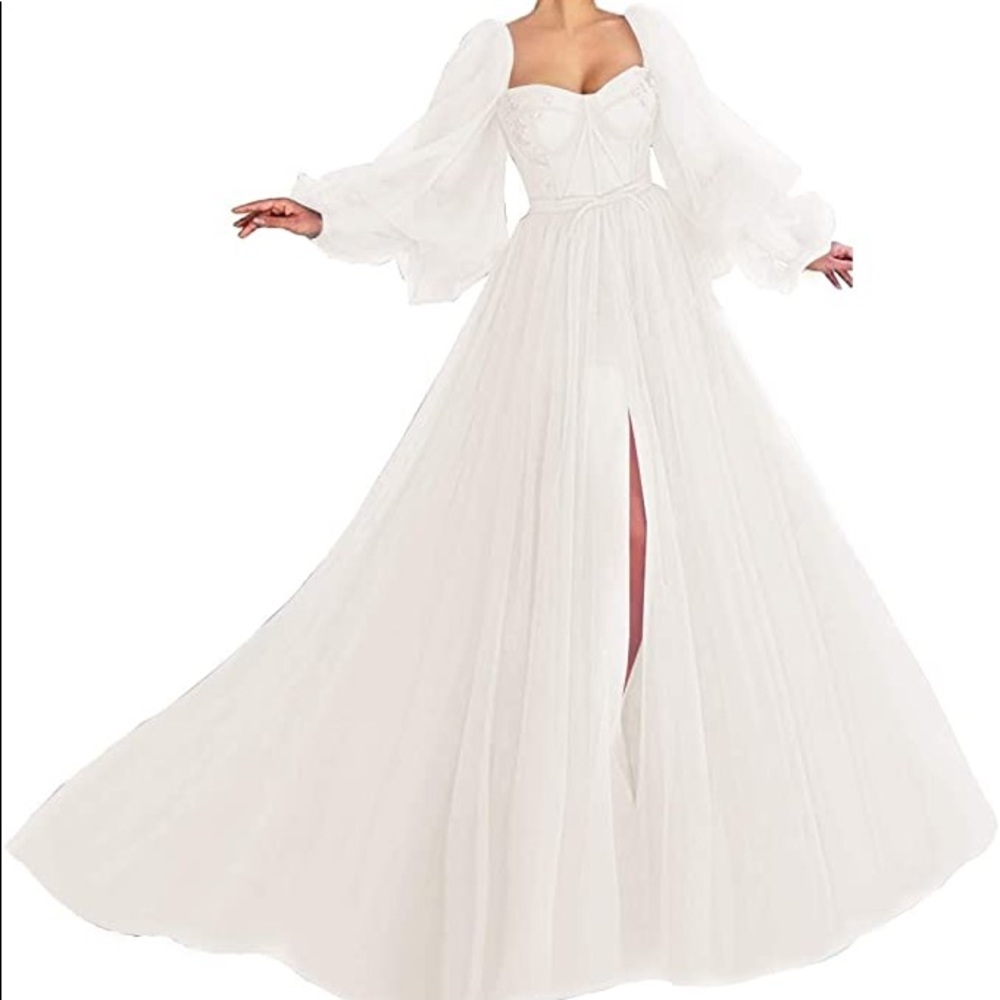 Puffy Sleeve Dress Long Sweetheart Tulle Ball Gown A Line Dress w/ side split